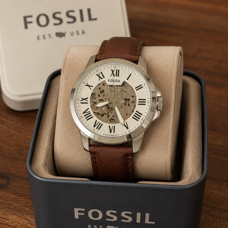 Fos_sil Men's Automatic Skeleton Dial Brown Leather Strap Analog Watch – Silver Case, Roman Numeral Display