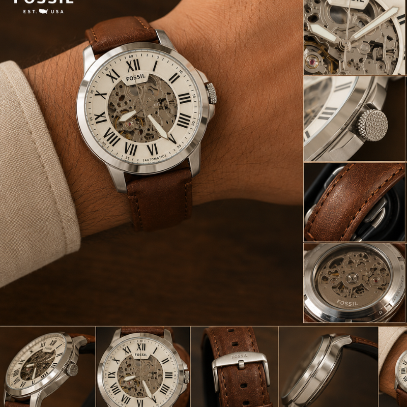 Fos_sil Men's Automatic Skeleton Dial Brown Leather Strap Analog Watch – Silver Case, Roman Numeral Display