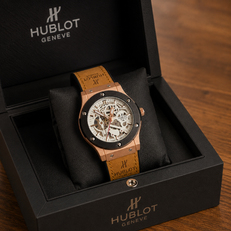 Hu_blot Gen_ève Skeleton Rose Gold Men's Analog Luxury Watch – Brown Leather Strap