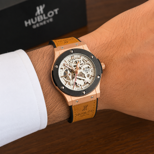 Hu_blot Gen_ève Skeleton Rose Gold Men's Analog Luxury Watch – Brown Leather Strap
