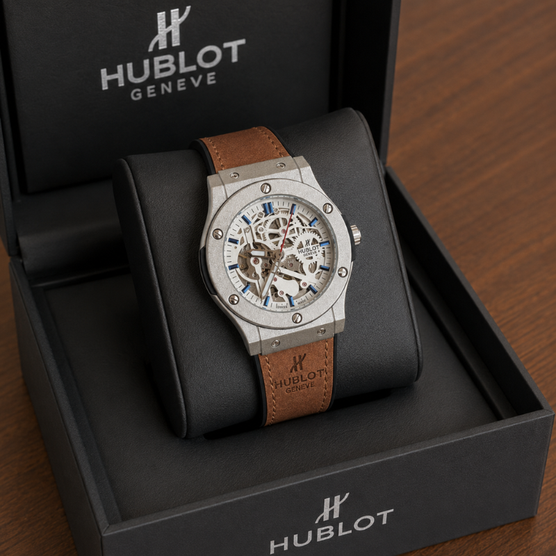 Hu_blot Gen_ève Skeleton Silver Men's Analog Luxury Watch – Brown Leather Strap