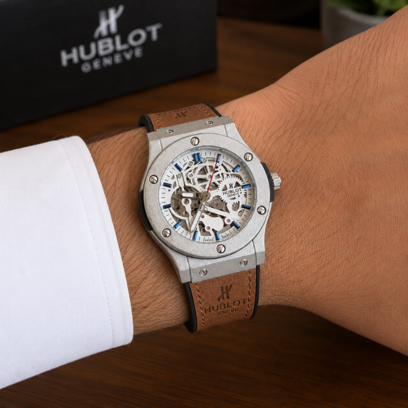 Hu_blot Gen_ève Skeleton Silver Men's Analog Luxury Watch – Brown Leather Strap