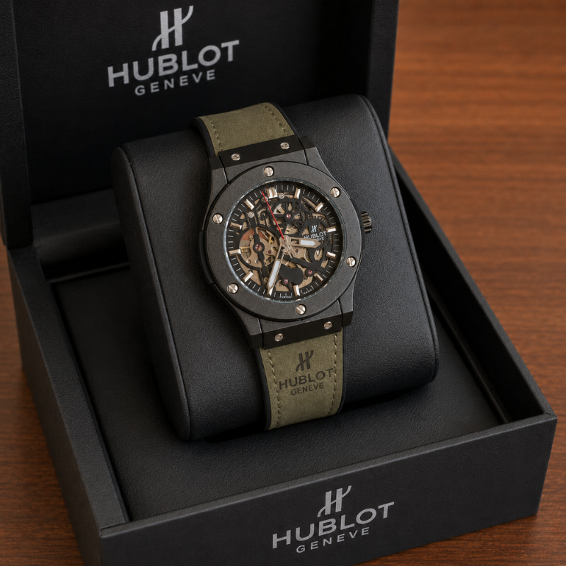 Hub_lot Gen_ève Black Skeleton Men's Analog Luxury Watch – Olive Green Leather Strap