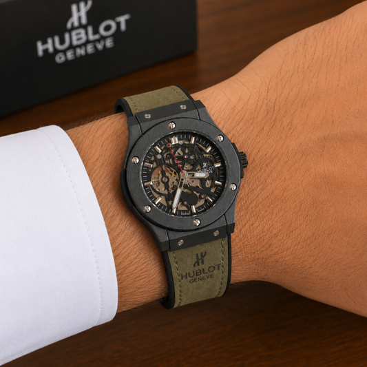 Hub_lot Gen_ève Black Skeleton Men's Analog Luxury Watch – Olive Green Leather Strap