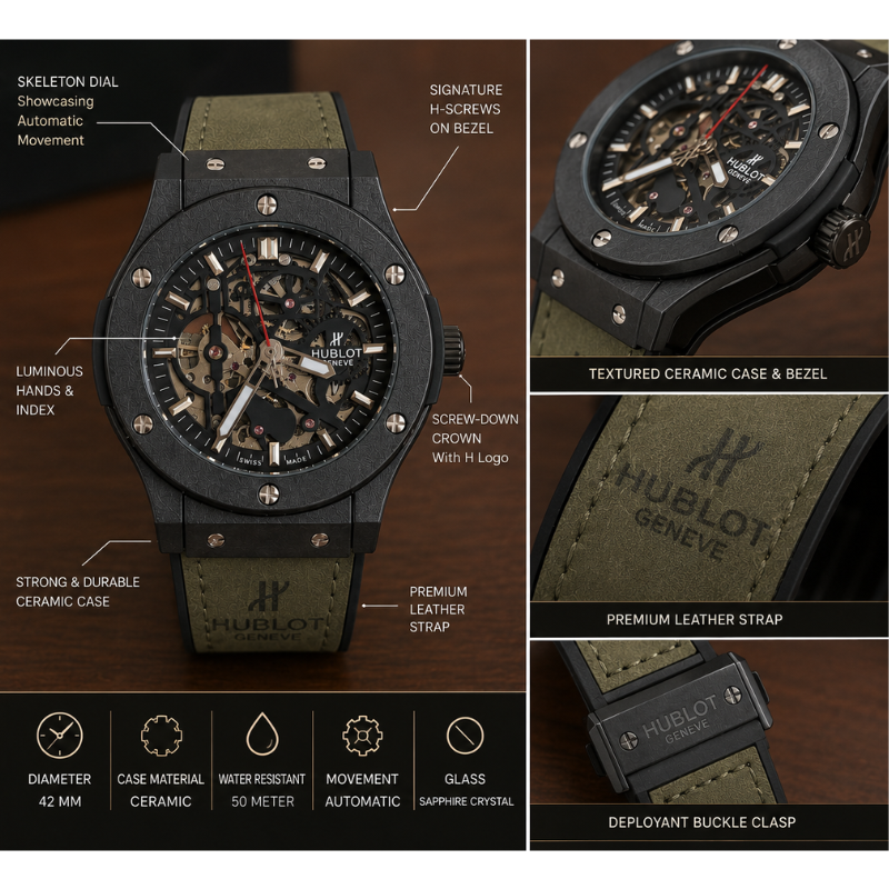 Hub_lot Gen_ève Black Skeleton Men's Analog Luxury Watch – Olive Green Leather Strap