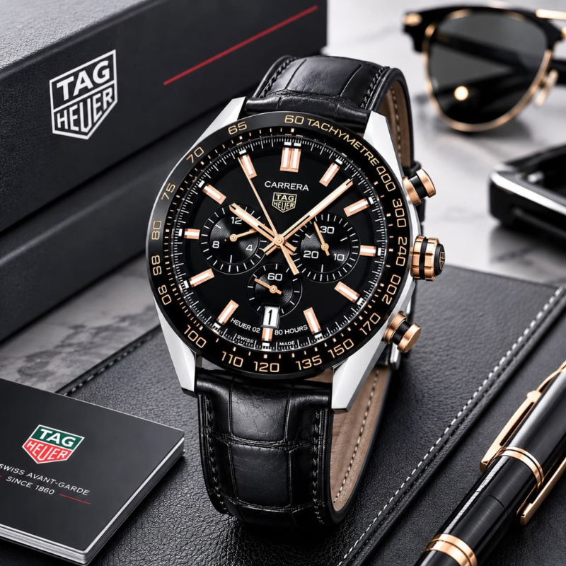 TA_G He_uer Carrera Black Chronograph Men's Leather Strap Watch