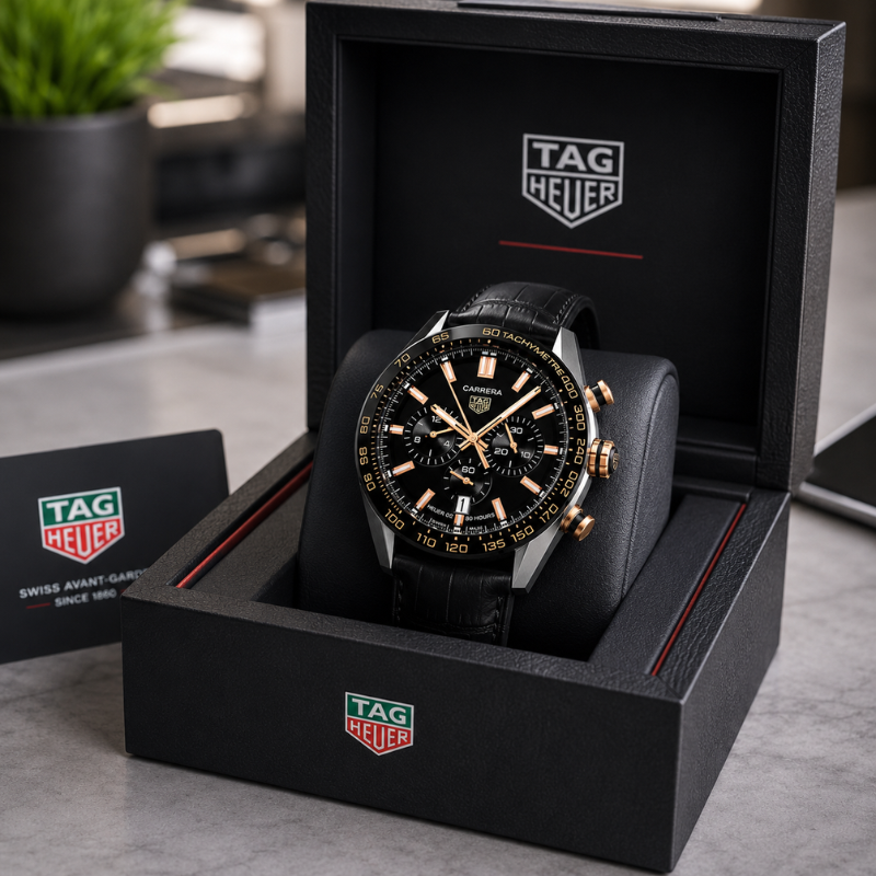TA_G He_uer Carrera Black Chronograph Men's Leather Strap Watch