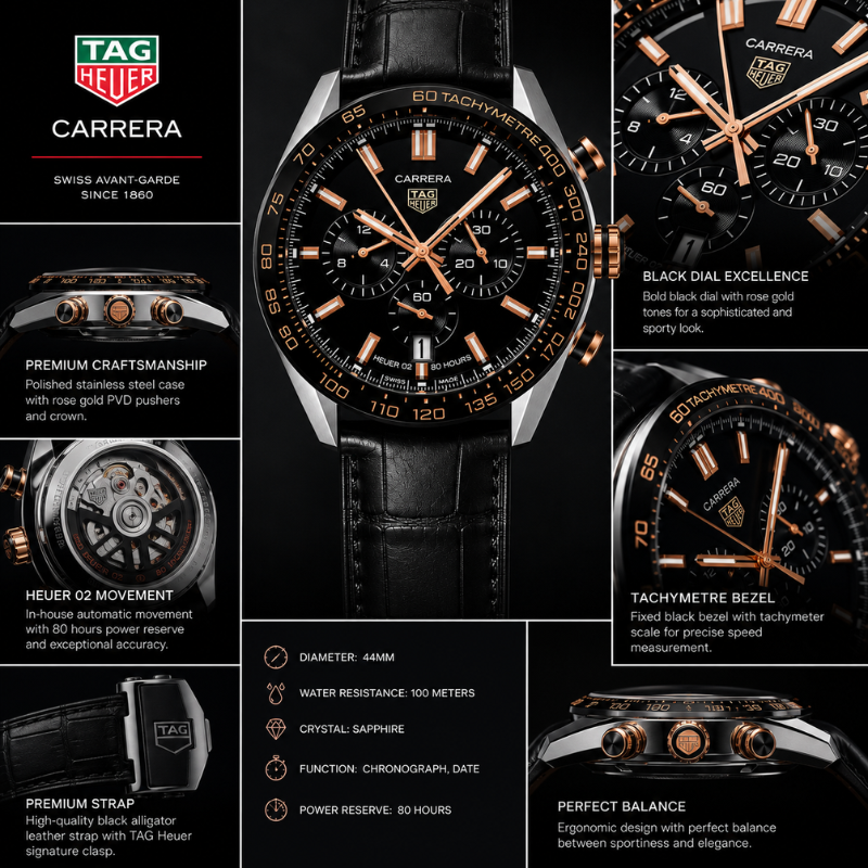 TA_G He_uer Carrera Black Chronograph Men's Leather Strap Watch