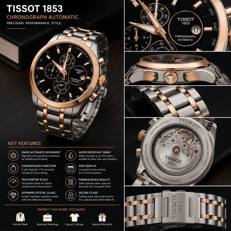 Tis_sot 1853 Two-Tone Rose Gold Chronograph Men's Premium Stainless Steel Watch