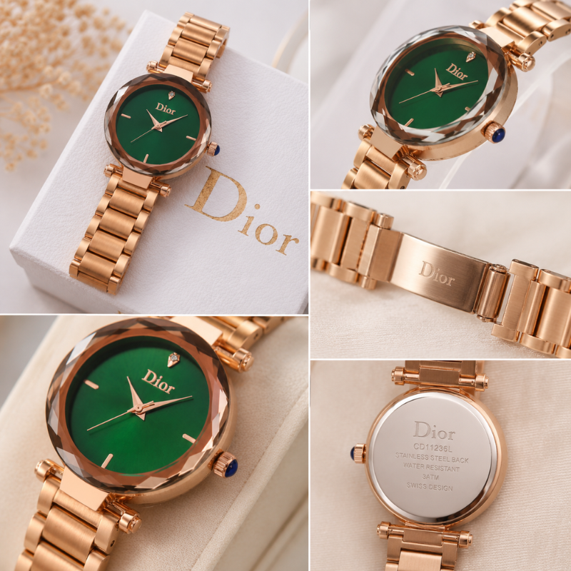 Di_or-Inspired Rose Gold Women's Analog Watch with Green Dial