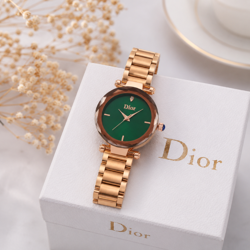 Di_or-Inspired Rose Gold Women's Analog Watch with Green Dial