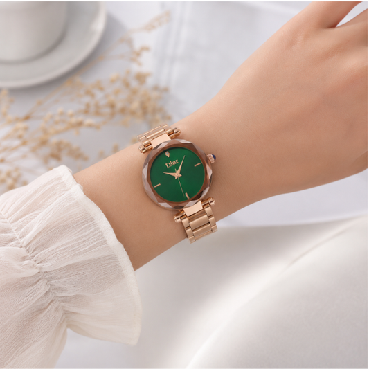 Di_or-Inspired Rose Gold Women's Analog Watch with Green Dial
