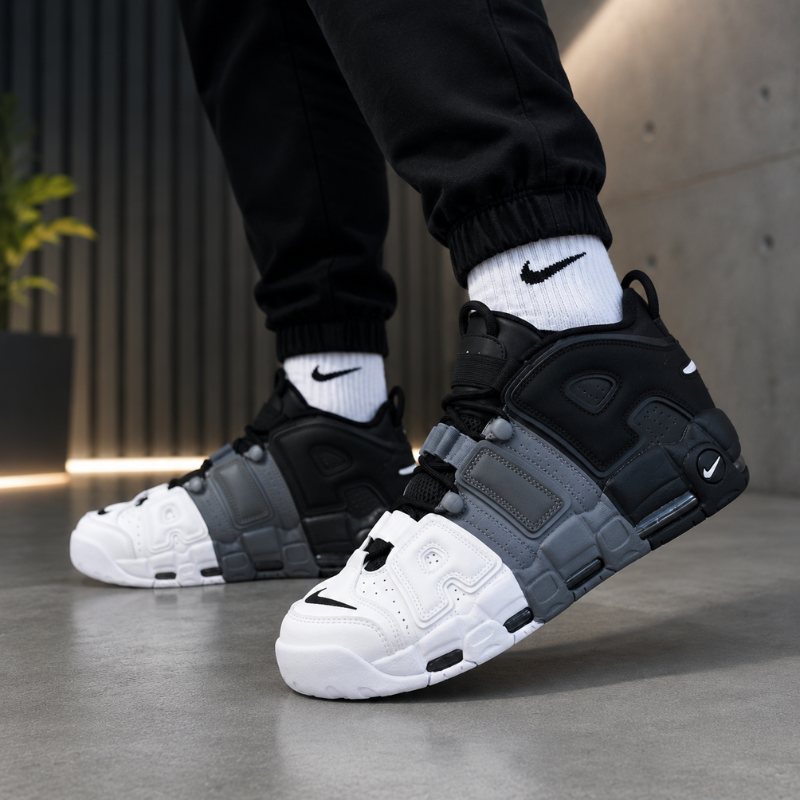 Ni_ke Air More Uptempo Tri-Color High-Top Sneakers | Black Grey White