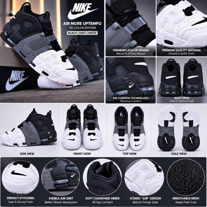 Ni_ke Air More Uptempo Tri-Color High-Top Sneakers | Black Grey White
