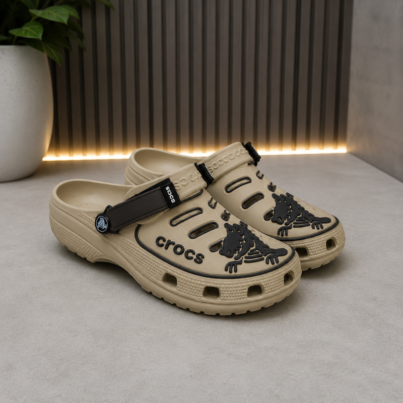 Cro_cs Classic Graphic Clogs | Beige & Black | Lightweight Comfort Clogs