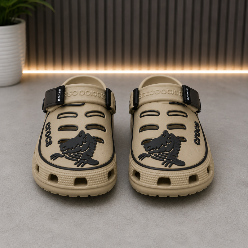 Cro_cs Classic Graphic Clogs | Beige & Black | Lightweight Comfort Clogs