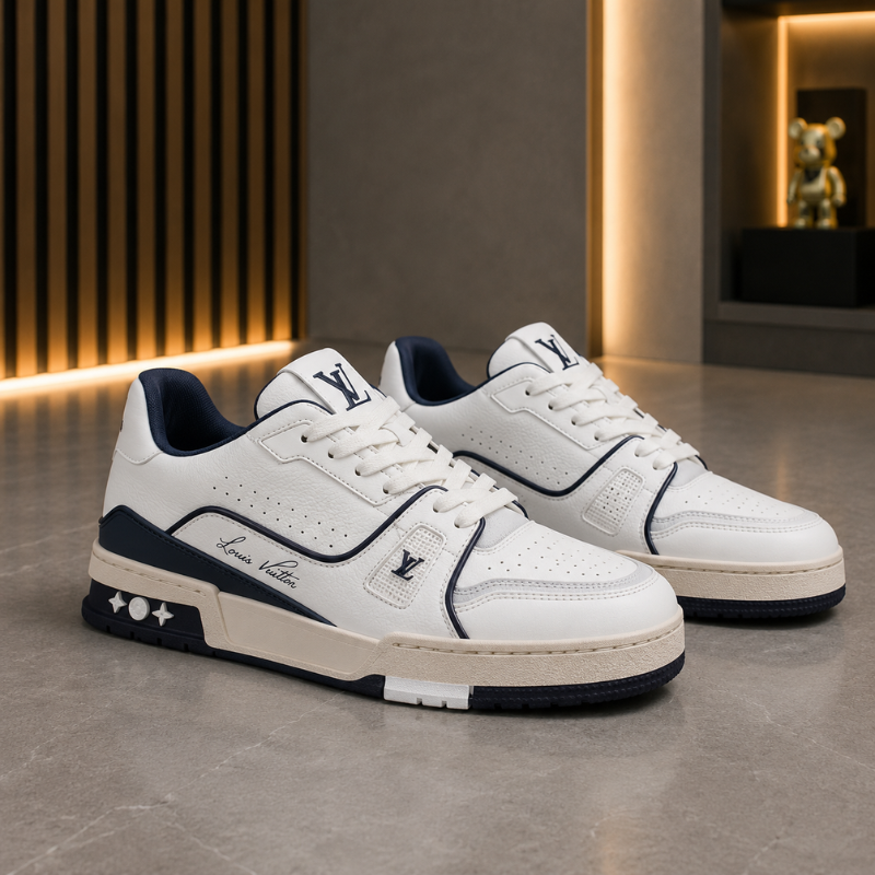 Lo_uis Vui_tton White & Navy Low-Top Sneakers – Premium Luxury Casual Shoes