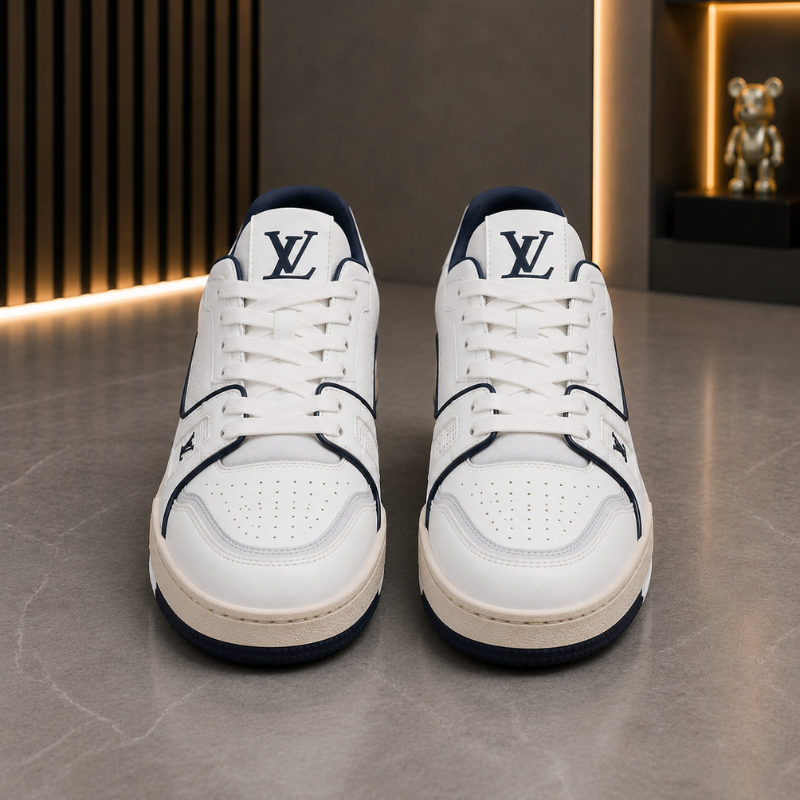 Lo_uis Vui_tton White & Navy Low-Top Sneakers – Premium Luxury Casual Shoes
