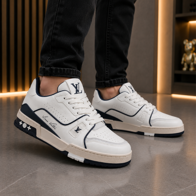 Lo_uis Vui_tton White & Navy Low-Top Sneakers – Premium Luxury Casual Shoes