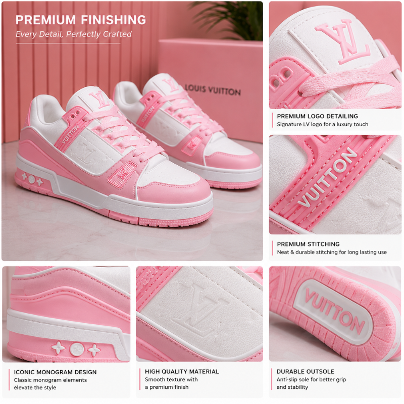 Lo_uis Vuitton Pink & White Sneakers – Premium Luxury Casual Shoes for Women