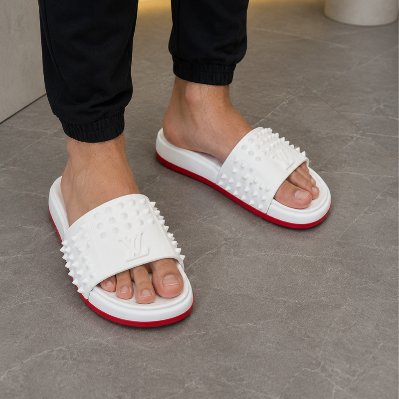Lux_ury Men's White Studded Slides | Premium Cushioned Slip-On Slippers | Lightweight Comfort Slides | Casual Indoor & Outdoor Sandalsv