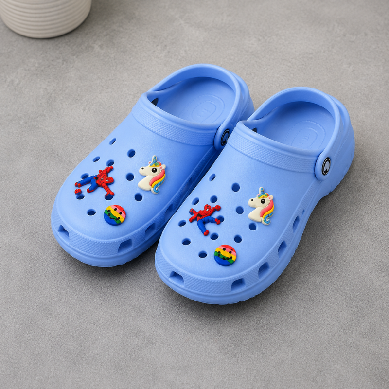 cro_cs Ki_ds' Light Blue Clogs with Cartoon Charms | Lightweight EVA Slip-On Garden Shoes | Anti-Slip Comfortable Casual Clogs for Boys & Girls
