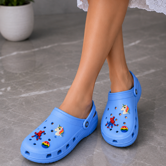 cro_cs Ki_ds' Light Blue Clogs with Cartoon Charms | Lightweight EVA Slip-On Garden Shoes | Anti-Slip Comfortable Casual Clogs for Boys & Girls