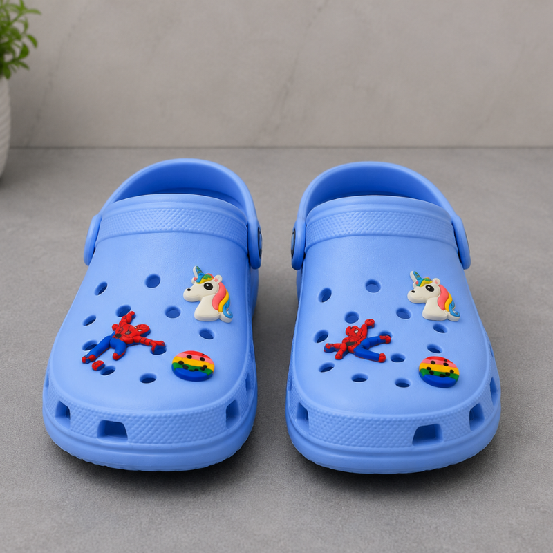 cro_cs Ki_ds' Light Blue Clogs with Cartoon Charms | Lightweight EVA Slip-On Garden Shoes | Anti-Slip Comfortable Casual Clogs for Boys & Girls