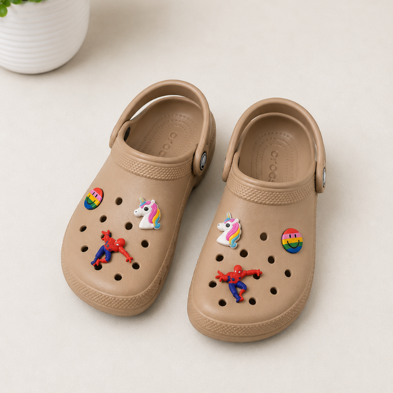 cr_ocs Kids' Beige Cartoon Charm Clogs | Lightweight EVA Slip-On Garden Shoes | Comfortable Anti-Slip Casual Clogs for Boys & Girls