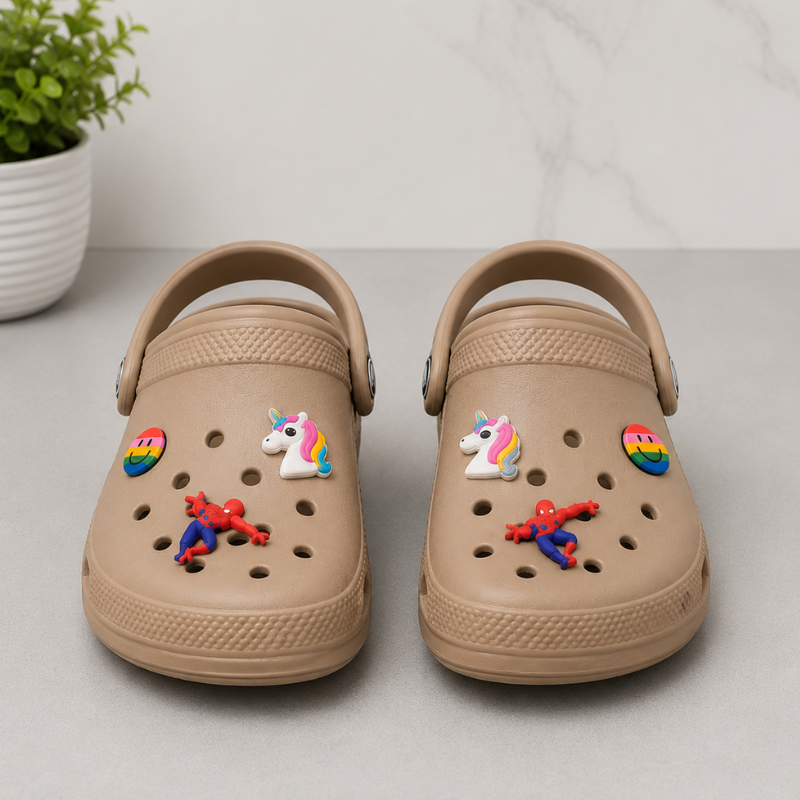cr_ocs Kids' Beige Cartoon Charm Clogs | Lightweight EVA Slip-On Garden Shoes | Comfortable Anti-Slip Casual Clogs for Boys & Girls