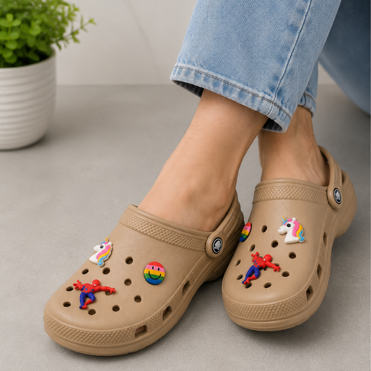 cr_ocs Kids' Beige Cartoon Charm Clogs | Lightweight EVA Slip-On Garden Shoes | Comfortable Anti-Slip Casual Clogs for Boys & Girls