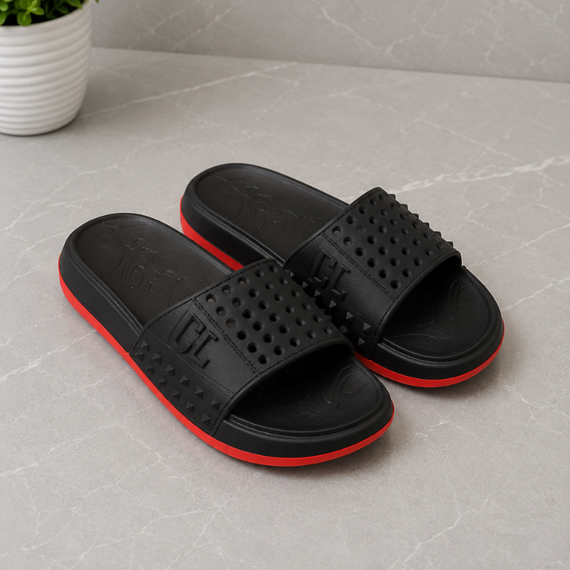 Lux_ury Men's Black Studded Slides | Premium Cushioned Slip-On Slippers | Lightweight Anti-Slip Casual Indoor & Outdoor Sandals