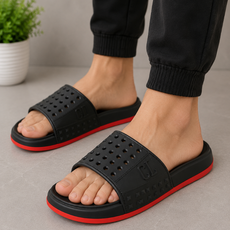 Lux_ury Men's Black Studded Slides | Premium Cushioned Slip-On Slippers | Lightweight Anti-Slip Casual Indoor & Outdoor Sandals