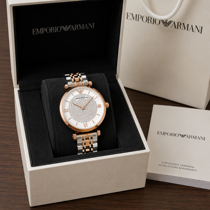 Em_porio Arm_ani Women's Analog Watch | Rose Gold & Silver Two-Tone Stainless Steel Strap | White Crystal Dial | Luxury Dress Wrist Watch
