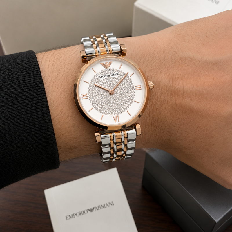 Em_porio Arm_ani Women's Analog Watch | Rose Gold & Silver Two-Tone Stainless Steel Strap | White Crystal Dial | Luxury Dress Wrist Watch