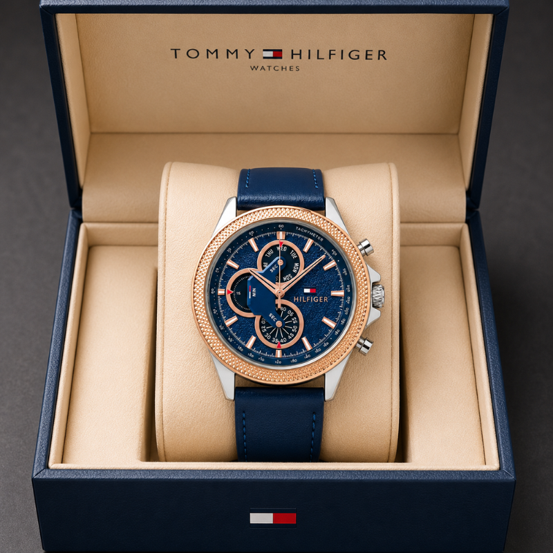Tom_my Hilf_iger Men's Analog Multi-Function Blue Dial Watch with Blue Leather Strap & Rose Gold Bezel | Premium Quartz Wrist Watch