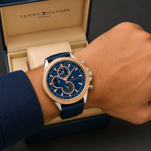 Tom_my Hilf_iger Men's Analog Multi-Function Blue Dial Watch with Blue Leather Strap & Rose Gold Bezel | Premium Quartz Wrist Watch