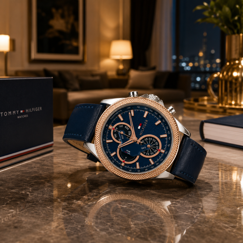 Tom_my Hilf_iger Men's Analog Multi-Function Blue Dial Watch with Blue Leather Strap & Rose Gold Bezel | Premium Quartz Wrist Watch
