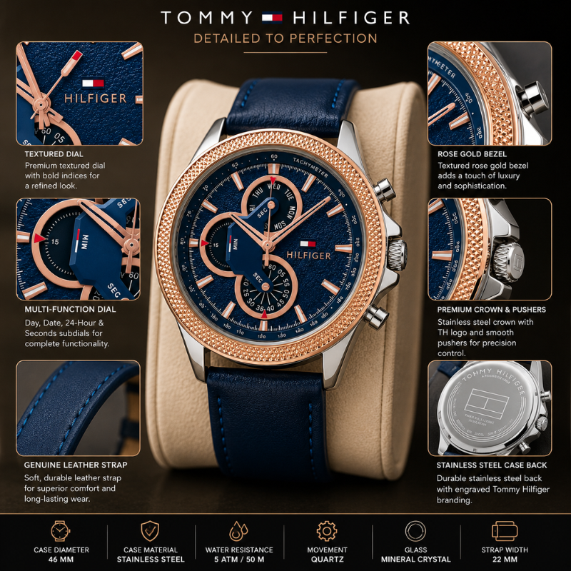 Tom_my Hilf_iger Men's Analog Multi-Function Blue Dial Watch with Blue Leather Strap & Rose Gold Bezel | Premium Quartz Wrist Watch