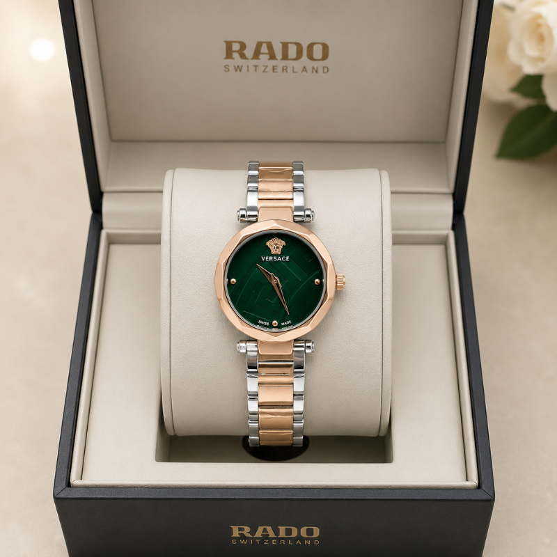 Ver_sace Women's Analog Green Dial Watch with Two-Tone Stainless Steel Bracelet | Luxury Quartz Wrist Watch