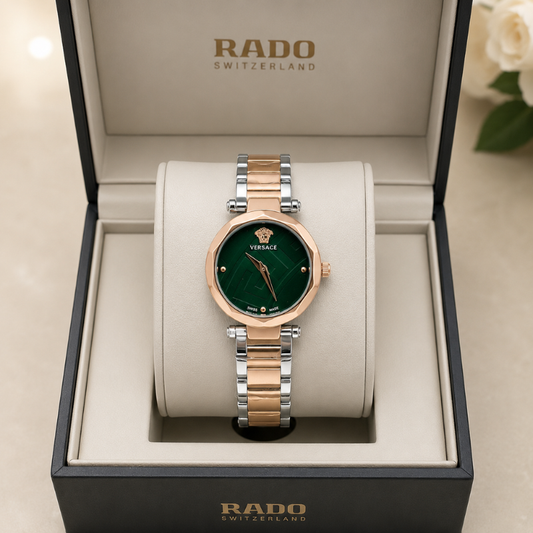 Ver_sace Women's Analog Green Dial Watch with Two-Tone Stainless Steel Bracelet | Luxury Quartz Wrist Watch