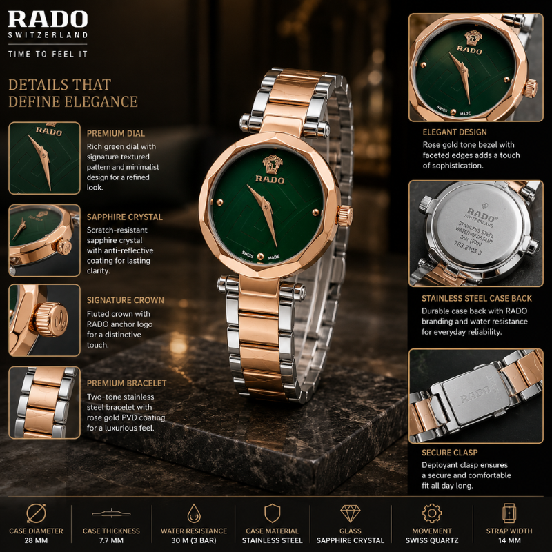 Ver_sace Women's Analog Green Dial Watch with Two-Tone Stainless Steel Bracelet | Luxury Quartz Wrist Watch