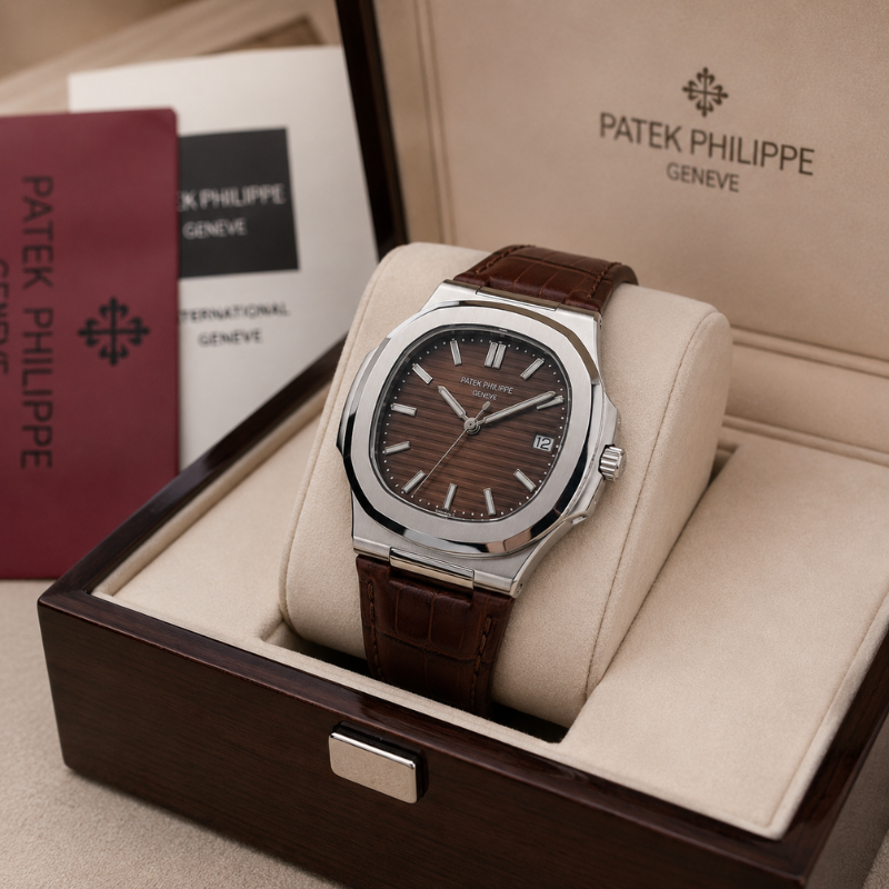 Pa_tek Phil_ippe Men's Analog Brown Dial Watch with Brown Leather Strap | Luxury Stainless Steel Quartz Wrist Watch