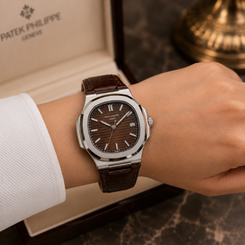 Pa_tek Phil_ippe Men's Analog Brown Dial Watch with Brown Leather Strap | Luxury Stainless Steel Quartz Wrist Watch