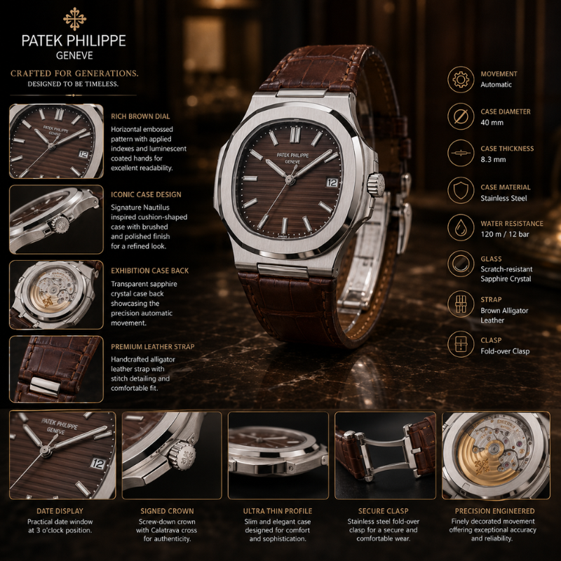 Pa_tek Phil_ippe Men's Analog Brown Dial Watch with Brown Leather Strap | Luxury Stainless Steel Quartz Wrist Watch
