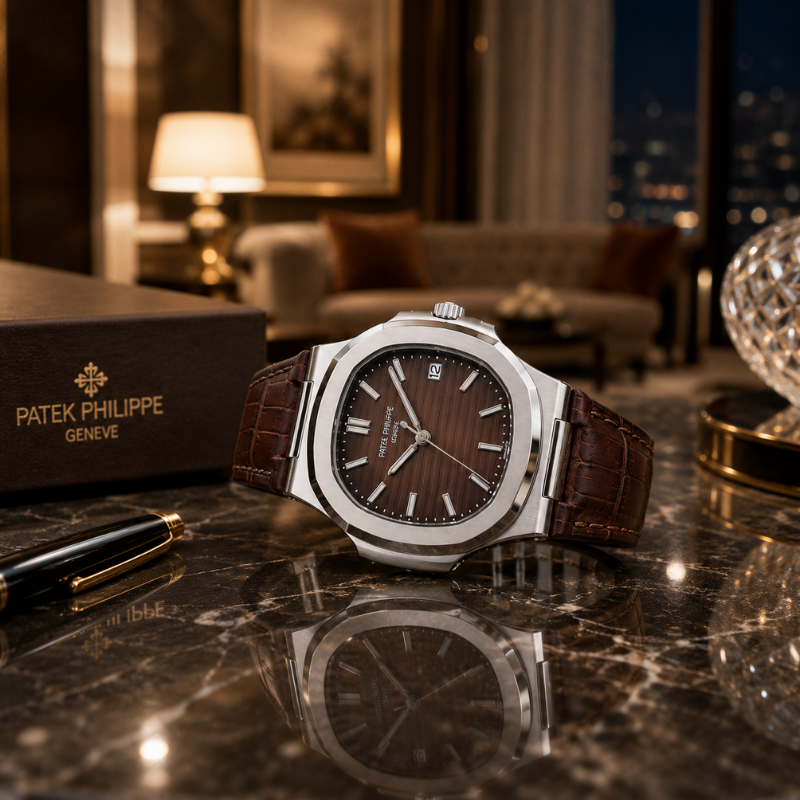 Pa_tek Phil_ippe Men's Analog Brown Dial Watch with Brown Leather Strap | Luxury Stainless Steel Quartz Wrist Watch