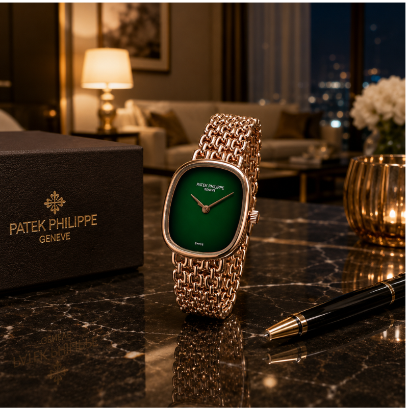 Pa_tek Phil_ippe Women's Analog Green Dial Watch with Rose Gold Stainless Steel Bracelet | Luxury Quartz Wrist Watch