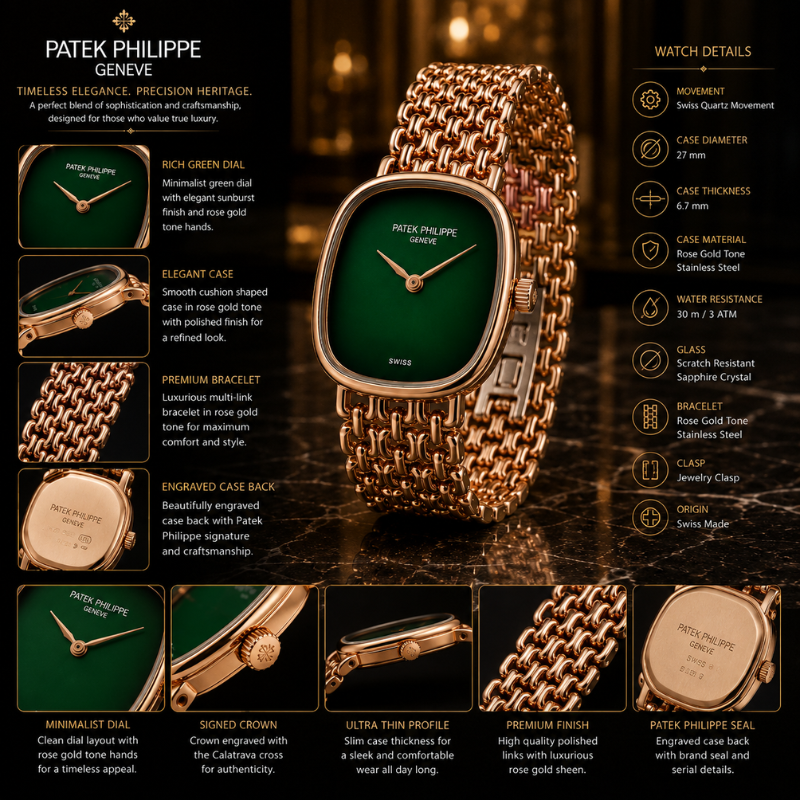 Pa_tek Phil_ippe Women's Analog Green Dial Watch with Rose Gold Stainless Steel Bracelet | Luxury Quartz Wrist Watch