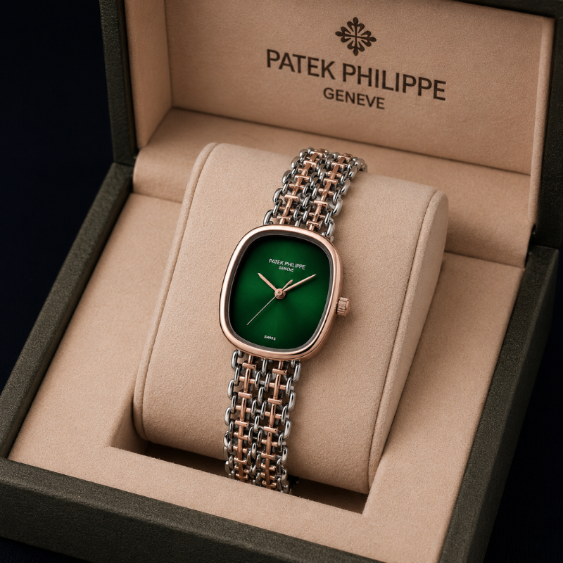 Pa_tek Phi_lippe Women's Analog Green Dial Watch with Rose Gold & Silver Stainless Steel Bracelet | Luxury Quartz Wrist Watch