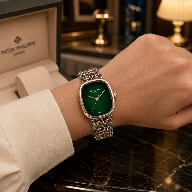 Pa_tek Phi_lippe Women's Analog Green Dial Watch with Rose Gold & Silver Stainless Steel Bracelet | Luxury Quartz Wrist Watch